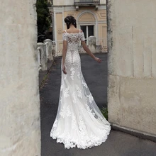 

HAMMAH 2022 New Lace Appliqués Mermaid Short Sleeve Satin With Outside Shoulder Long Wedding Gowns Dresses For Women