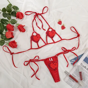 

Sexy Heart Bra Set Women Halter Embroidery Hollow Out Lingerie Two Pieces Set G String Thong Panties Outfits Red Lenceria
