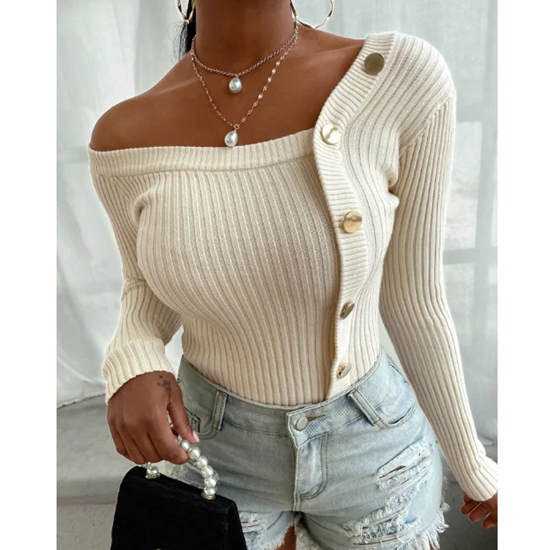 

2020 New Trendy Women Sweaters Button Design Long Sleeve Knit Sweater