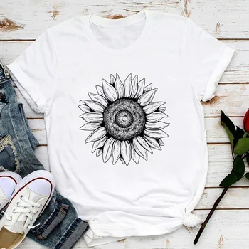

2020 Summer New Sunflower Print T-shirt Women Baggy Casual White Top O-Neck T Shirt Korean Version Harajuku Short Sleeve Tshirt