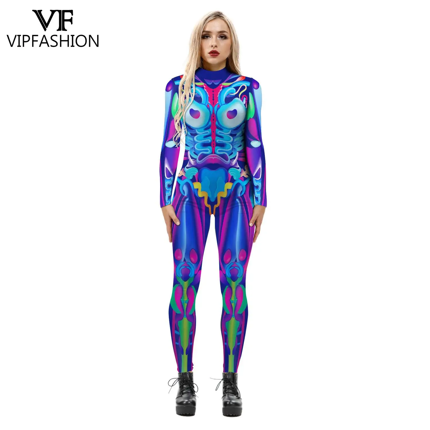 VIP FASHION Halloween Costume Skeleton Printed Jumpsuits Women's Gradient Colorful Cosplay Bodysuits Zentai Catsuit