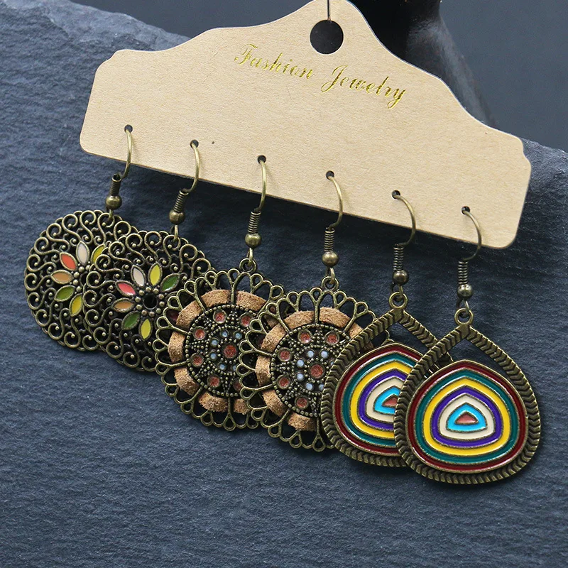 Boho Multicolor Drop Earrings set for Women Wedding Vintage Geometry Big Round Hollow Flower Crystal Hanging Earrings Jewelry drop earrings dangle earrings crystal earrings flower earrings geometric earrings