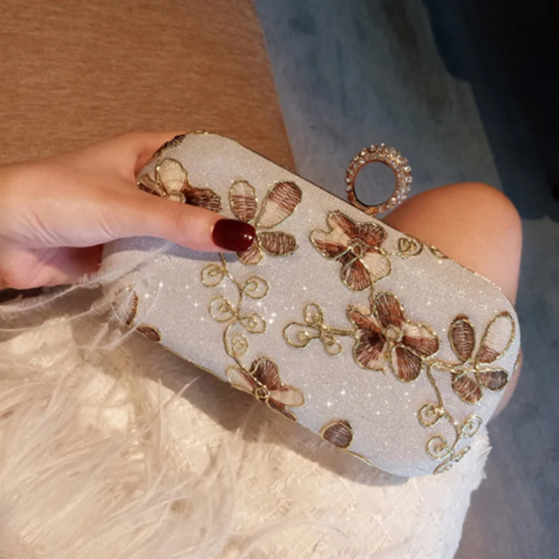 Luxy Moon Floral Embroidered Silver Clutch Bag Model Display View