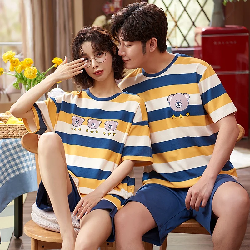 mens pjs set Summer Cotton Couple Pajamas Set Women Men Korean Fashion Blue/Yellow Stripes Sleepwear Leisure Short Sleeve Cartoon Nightwear best mens pajamas Men's Sleep & Lounge