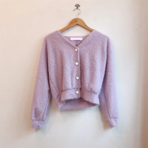 Light purple Свитер женский RUGOD, Элегантный Пушистый кардиган с v-образным вырезом, женский толстый теплый зимний кашемировый свитер, модное однобортное вязаное пальто с длинным рукавом кофта женская - Цвет: Light purple