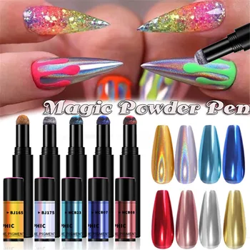 

1PC Mirror Nail Powder Air Cushion Magic Pen Holographic Laser Nail Art Glitter Chrome Pigments Eyeshadow Pen Manicure Accessory
