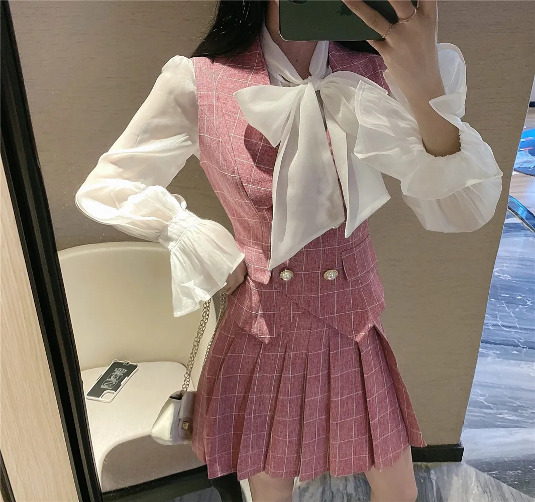 

2020 autumn winter clothes for women Bow shirt vest pleated skirt set 3 piece sets womens outfits crop top chandal mujer