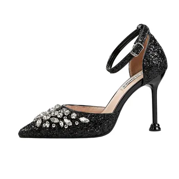 

QSR 9.5CM PUMPS fashion pointed sequins high heels rhinestones thin nightclub sexy women's shoes with a sandals