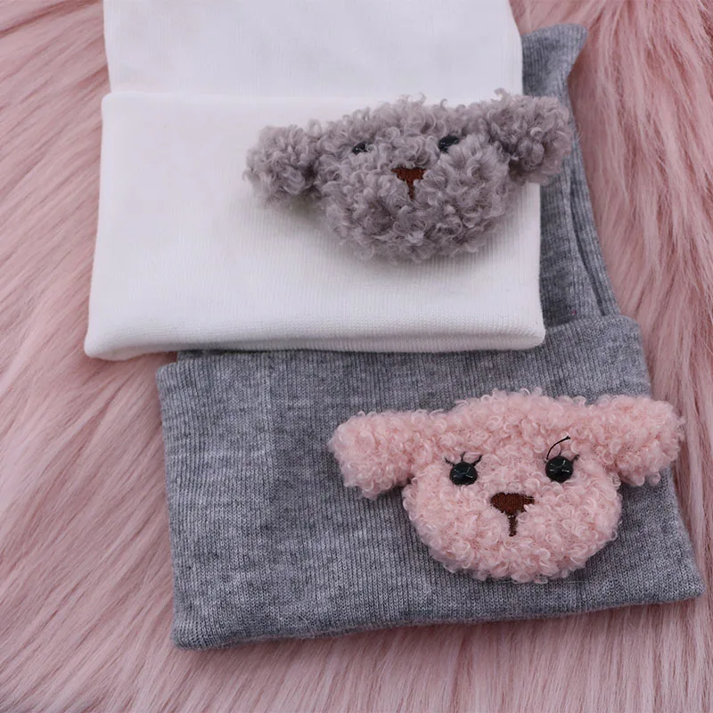 Cute Teddy Bear White Cotton Knitted Beanies Hat For Baby Girls Boys 0-4 Month Kids Childs Winter Hats Soft New Born Bonnet