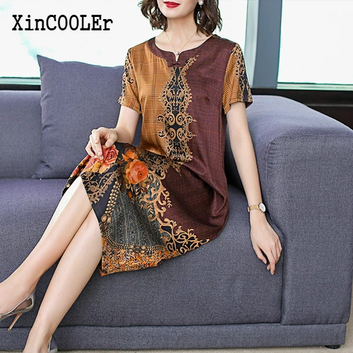 

2019 New Summer Womenf Silk Dresses Retro Printed Casual Straight Short Sleeve Middle Aged Fashion Elegant Temperament Dress