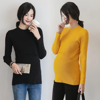 

11# One Size Knitted Maternity Nursing Shirts Autumn Winter Thin Bottoming Shirt Clothes for Pregnant Women Slim Pregnancy Tops