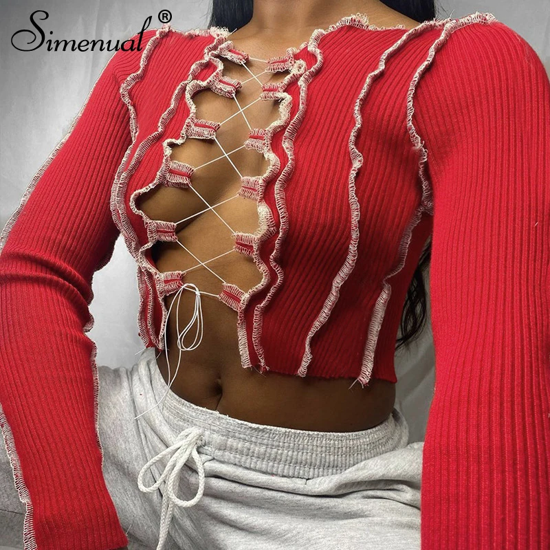 Simenual Patchwork Lace Up Long Sleeve Crop Tops Women Ribbed Sexy Party Knitwear T-Shirt Hollow Out Bodycon Club Tie Front Top Simenual Patchwork Lace Up Long Sleeve Crop Tops Women Ribbed Sexy Party Knitwear T-Shirt Hollow Out Bodycon Club Tie Front Top