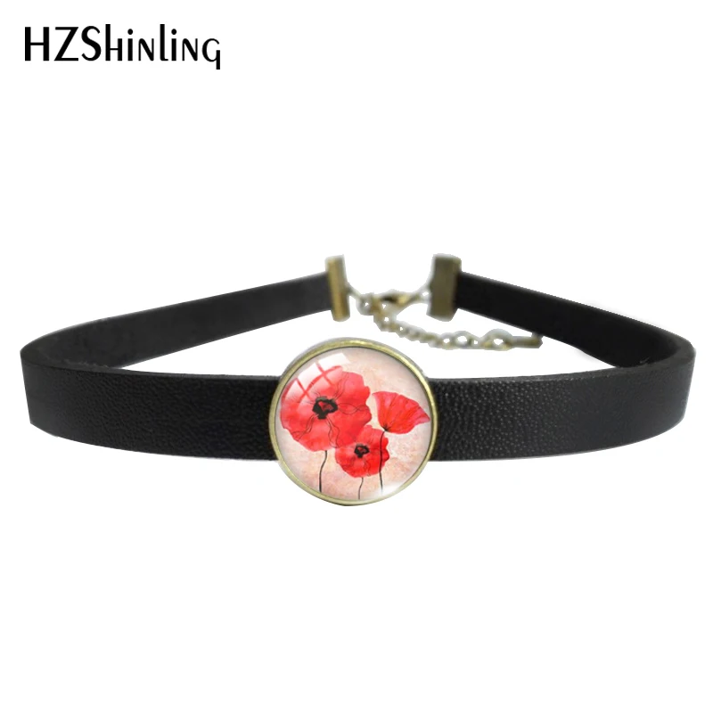 

2019 New Fashion Leather Red Poppy Flower Leather Choker Necklace Glass Pendants Necklace and Bracelet Jewelry