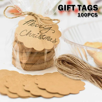 

100PCS Brown Craft Scalloped Paper Gift Tags with 100Feet Natural Jute Twines for Birthday Party, Wedding Decoration Gifts