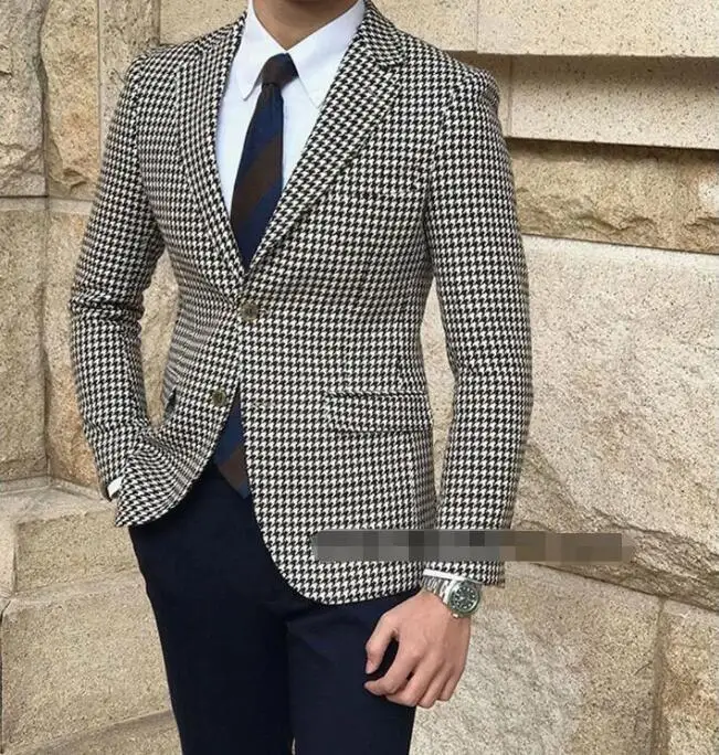 

2019 new men suits slim fit Houndstooth jacket with black pant Latest Coat Pants Designs Suits Men Formal Wedding Men Suit 3 Pieces Tuxedo Groom Terno Mascu
