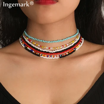 

Boho Seed Beaded Stretchy African Choker Necklace Women Collar Multilayer Resin Rainbow Plus Size String Charm Boho Neck Jewelry