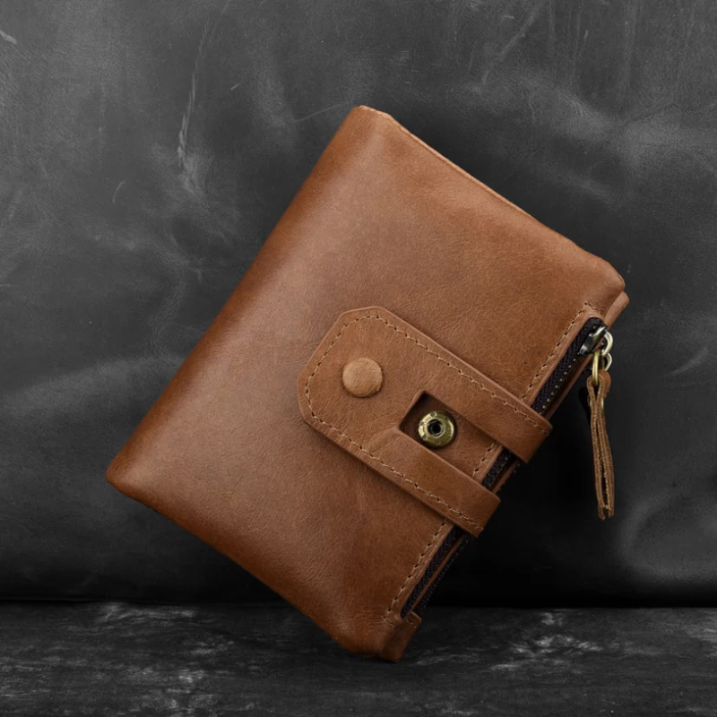 MAHEU RFID Leather Short Purse 2 Folds Double Zipper Short Wallet Men Women Multifunction Leather Purse Wallet Small Male Female