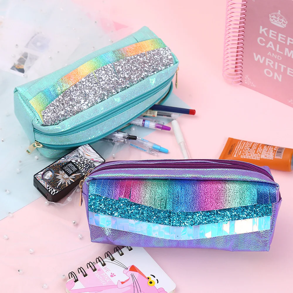 2019 New Pu Student's Large-capacity Pen Bag With Double Zipper And Fried Scale Cosmetic Girls'laser Shooters' Girls |