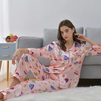 

Summer Autumn Printing Pattern Women Pajama Set Rayon Sleepwear Long Sleeve Trousers Two Paper Suit