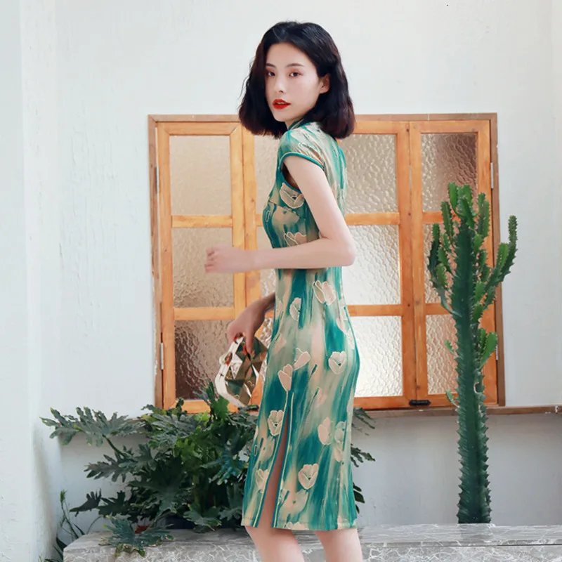 Sheng Coco зеленый китайский Cheongsam Qipao платья Свежий Женский Cheongsam короткий рукав китайское платье Новинка традиционная одежда