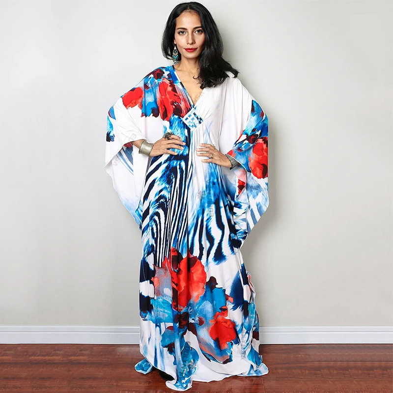 bikini cover 2022 Print Cover-ups Sexy Deep V-neck Summer Beach Dress Tunic Long Kaftan Women Beachwear Swimsuit Cover Up Robe de plage Q1289 cute bathing suit cover ups