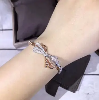 

925 Sterling Silver Fashion cubic Zircon Crystal bowknot bracelet Elegant double color bow tie bangle women famous brand jewelry