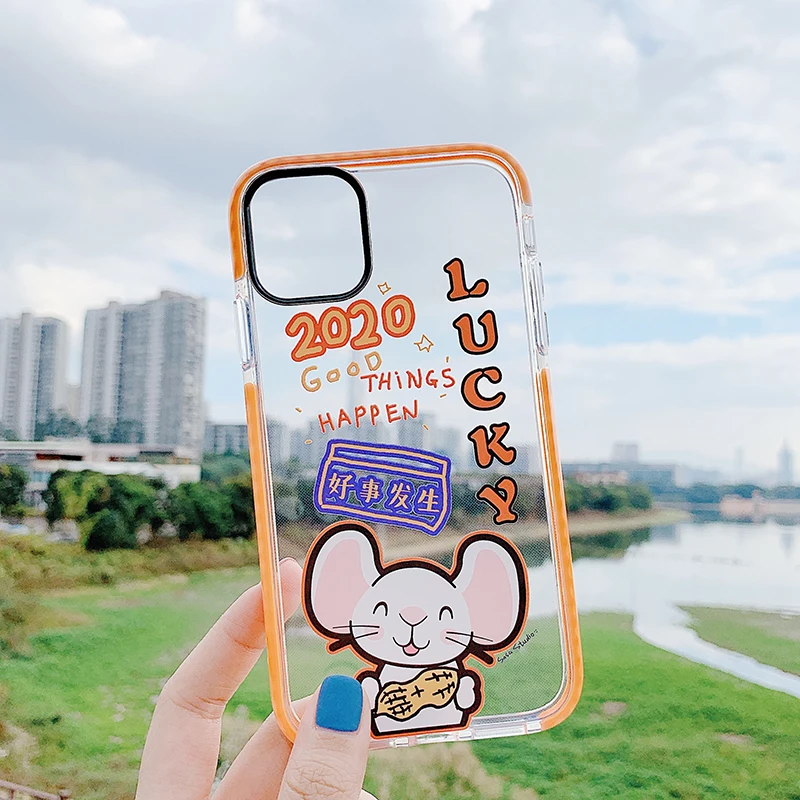 Прозрачный чехол с мультяшным принтом «Lucky mouse» для iPhone X, XR, Xs, Max, 11, 8, 7, 6, 6s Plus, 11Pro, Max, высококачественный Двухцветный Мягкий ТПУ чехол на заднюю панель
