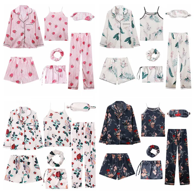 Пижамные комплекты из 7 предметов, женские пижамы из искусственного шелка, комплекты одежды для сна на осень и зиму, топы+ шорты+ рубашка+ штаны, домашняя одежда
