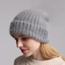 70% Angola Rabbit Fur Knitted Hat Womens Skullies Beanies Soft Warm Winter Hat For Women Girl 's Hat Female Ski Cap