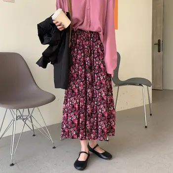 

Dunayskiy Elastic-Waist Chiffon Elegant Loose Skirts New Style 2020 Print Floral Pleated Women Long High Waist Female Skirt