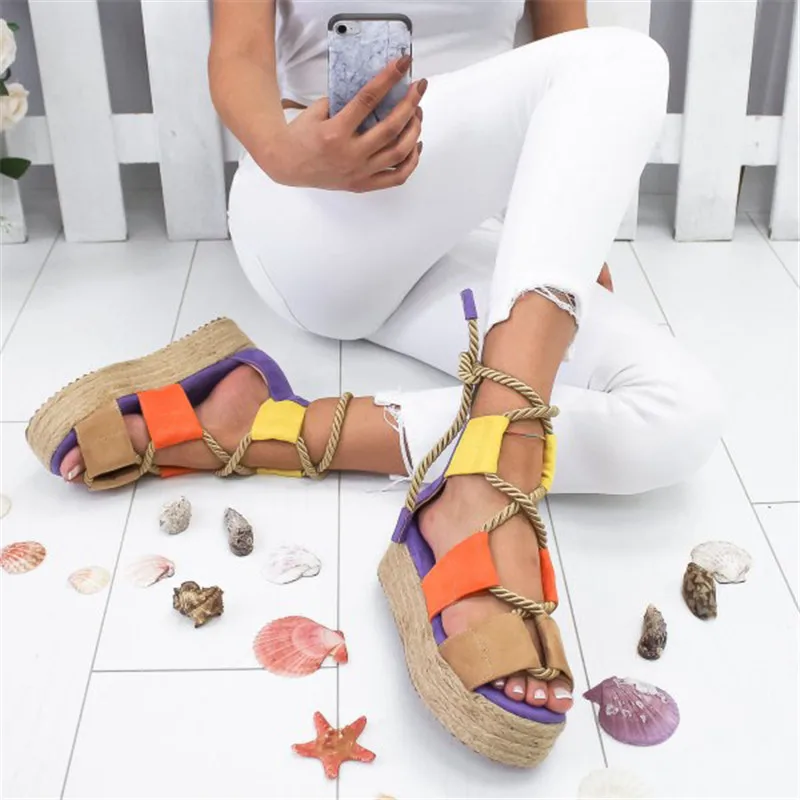 

2020 Summer Wedges Sandals Shoes for Women Leather High Heels Sandals Summer Femme Platform Comfortable Sandals