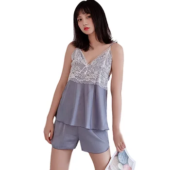 

Lace Pajama Set Sexy V-neck Pyjamas Women Satin Negligee Short Dressing Gown Summer Lingerie Pink Sleepwear Padded Nightwear