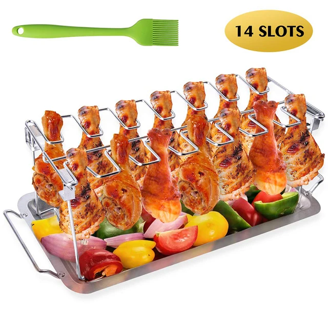 Rozsdamentes Acél Csirkeszárny Lábállvány Grilltartó Állvány Csepegtető Serpenyővel A Bbq Többcélú Csirkecomb Grill-Állványhoz