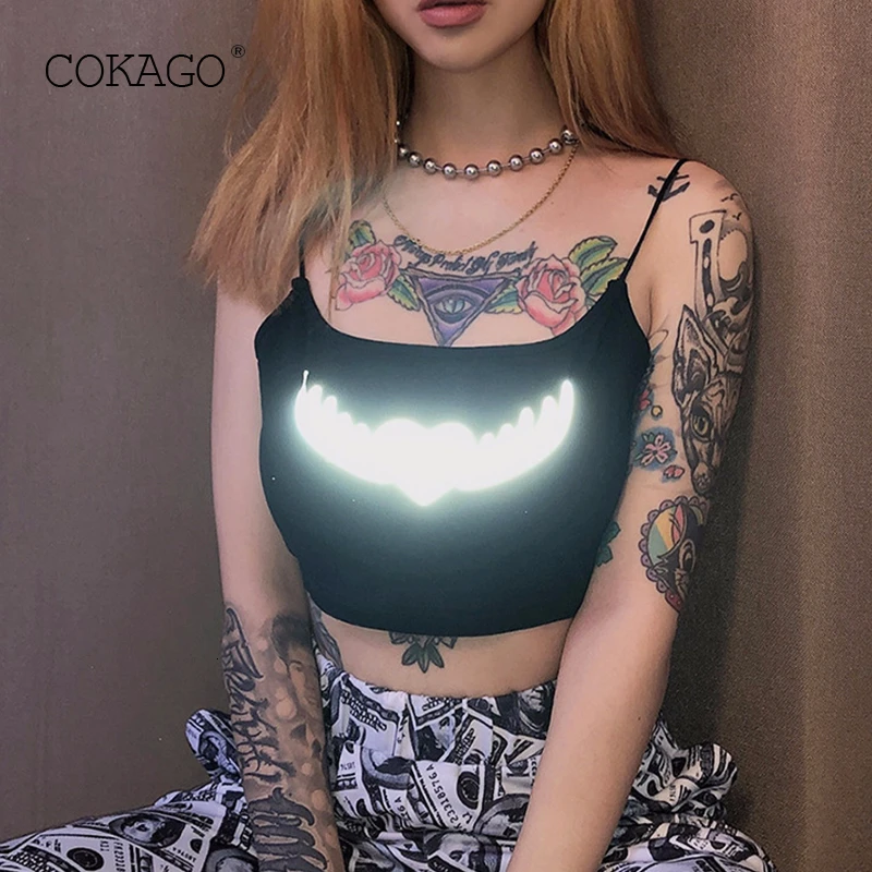 COKAGO Светоотражающие черные сексуальные укороченные женские летние топы на бретельках женский короткий топ без рукавов женская уличная одежда