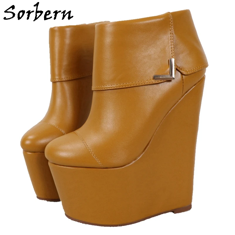 

Sorbern Brown Wedges Short Booties Thick Platform Turn Over Ladies High Heel Shoe For Women 2021 Customized Colors