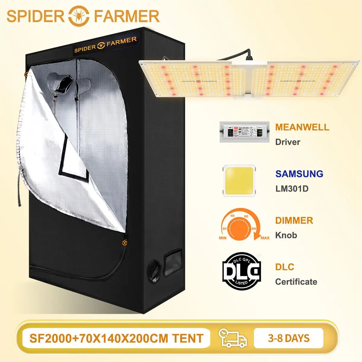 Spider Farmer SF 2000 Samsung Led LM301D Led Grow Light Dimmable and 140x70 Reflective Aluminum Grow Tent for Indoor Plants