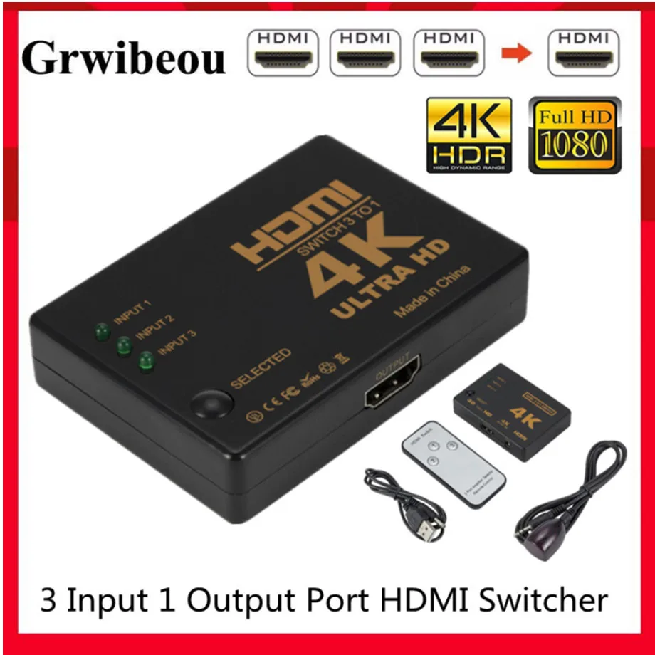 GRWIBEOU 4K 2K 3x1 HDMI Cable Splitter HD 1080P Video Switcher Adapter 3 Input 1 Output Port Hub for Xbox PS4 DVD HDTV PC | Электроника