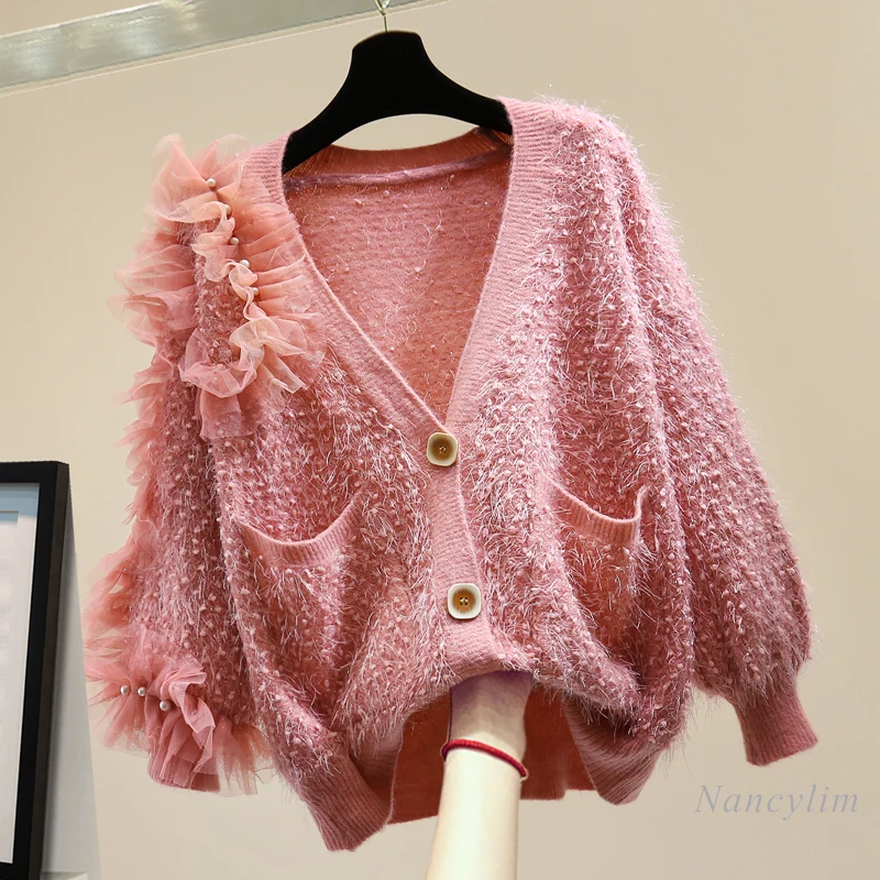 

2020 Autumn and Winter Women's Beads Tassel Cardigan Coat Korean Style Loose Mesh Pleated Stitching Bright Silk Sweater