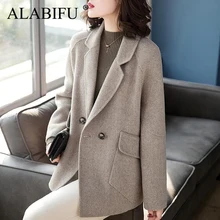 ALABIFU шерстяное пальто женское с длинным рукавом двубортное с отложным воротником Верхняя одежда куртка Повседневная Осень Зима элегантное пальто