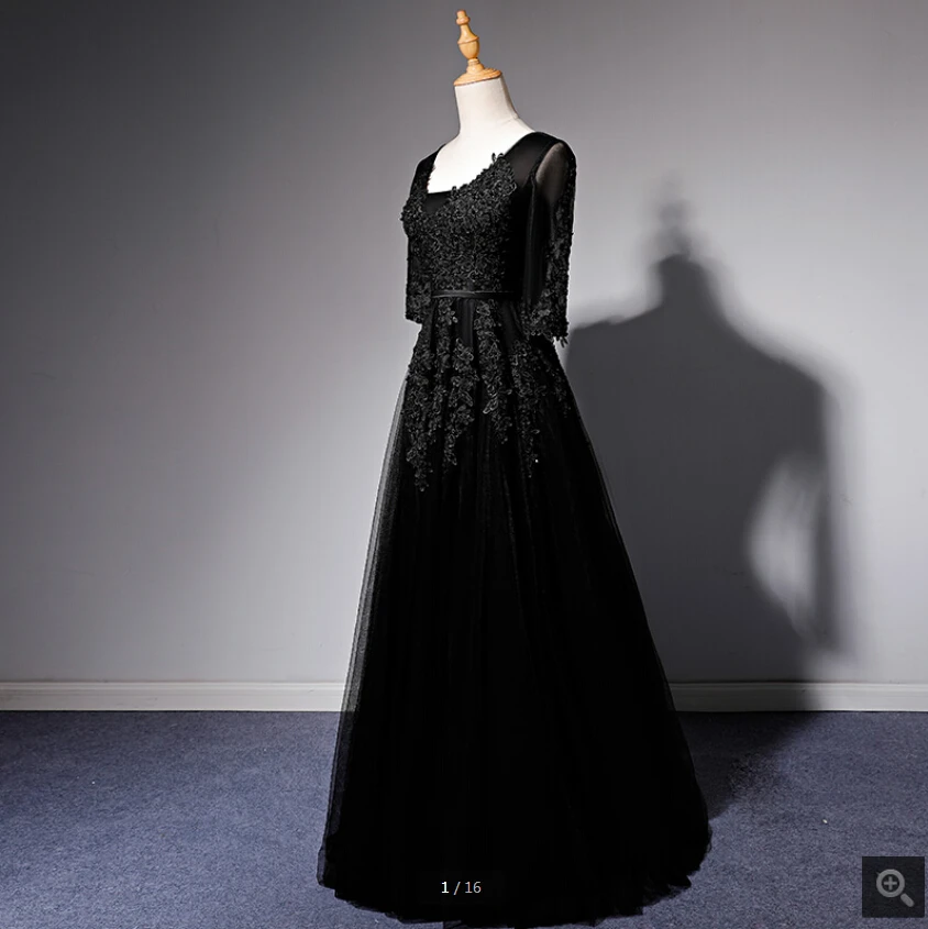 Robe de soiree черное ТРАПЕЦИЕВИДНОЕ кружевное платье с аппликацией для выпускного бала, расшитое бисером с рукавом 3/4, корсет с v-образным вырезом, платья для выпускного бала