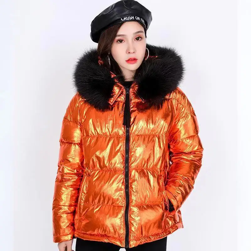 

Women's Winter Coat Warm Thick Hooded Fake Fur Collar Puffer Jacket Short Style Solid Metallic Color Ladies Fashion Parkas LS251