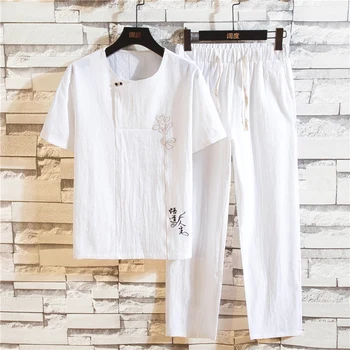 

2020 Men Summer Cotton Linen Sets Mens Chinese Style Short Sleeve O-Neck T-Shirt+Ankle Length Pants Male Vintage Print Tracksuit