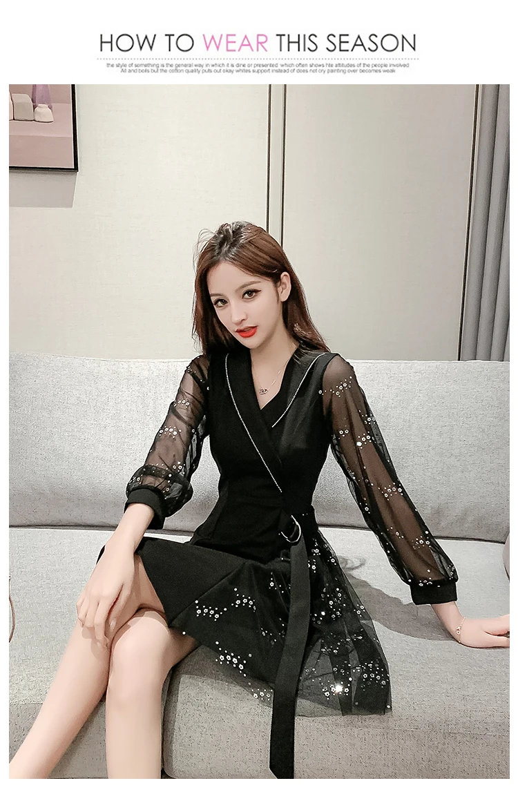 Korean Style Black-Color Mesh Sequin V-Neck Mini Dress Fashion Outwear For Women | eBay Korean Style Black-Color Mesh Sequin V-Neck Mini Dress Fashion Outwear For Women | eBay