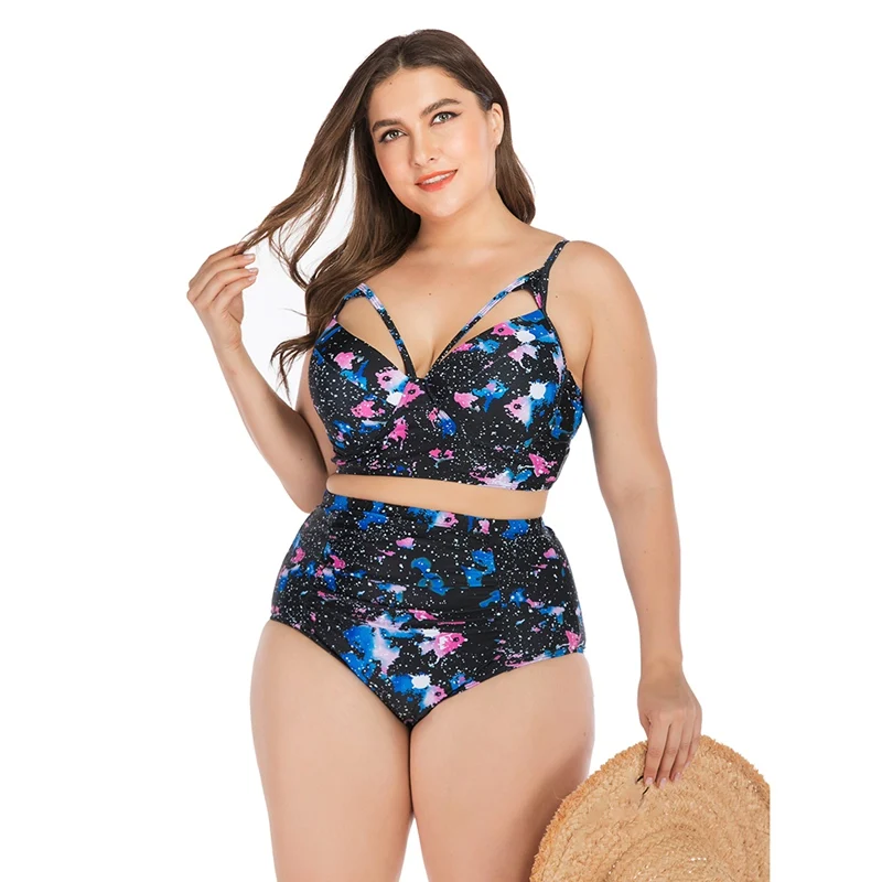 

Hot Sale Plus Size Swimsuit Women Tankini Printed Strappy High Waist Swimwear Bikini Top Bottom Lady Beach Swimming Suit
