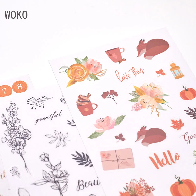 WOKO, 4 листа, креативная наклейка с изображением тыквы и лисы для заметок, милый цветной номер, черная наклейка для украшения растений, DIY Bullet Journal, скрапбукинг