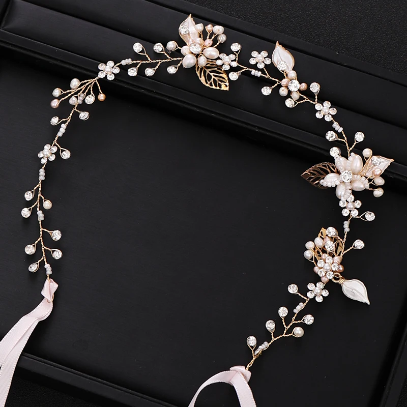 Trendy Wedding Hair Accessories Floral Freshwater Pearl Headband Bridal Gold Headdress Strap Handmade | Украшения и аксессуары