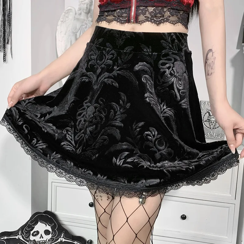 Black Gothic Lady Velvet Mini Skirt Summer Women High Waist Dark Goth Floral Sexy Midi Skirts Pleated Rock Harajuku Streetwear