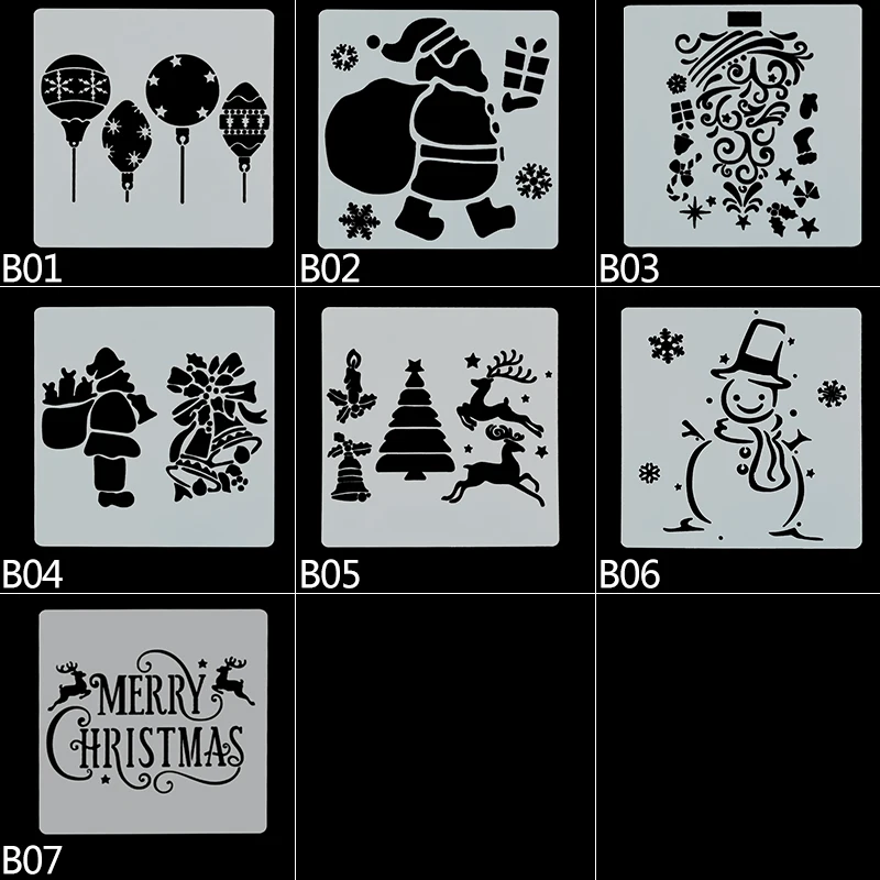 7pcs 13*13cm Christmas Stencils DIY Cake Decorating Moulds Baking Embellishments Stencil Template Mold for Home Kitchen Supplies