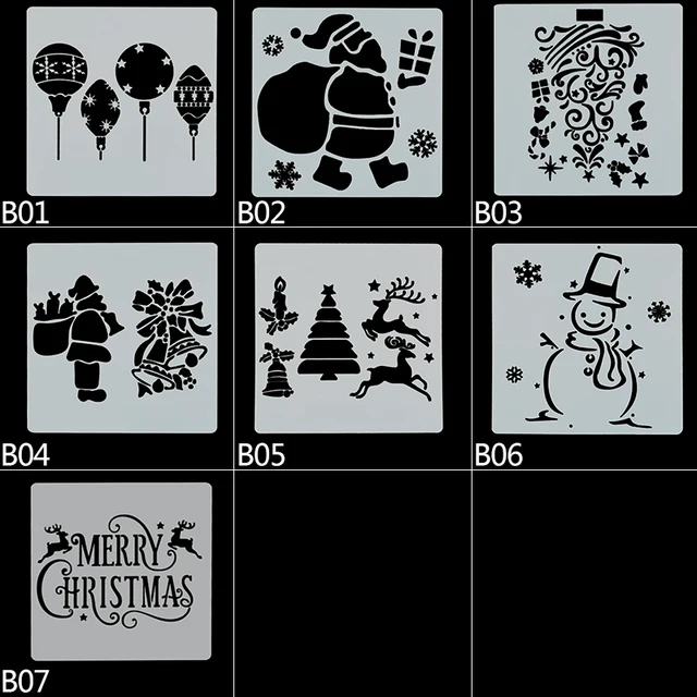 7pcs 13*13cm Christmas Stencils DIY Cake Decorating Moulds Baking Embellishments Stencil Template Mold for Home Kitchen Supplies 7 Styles mix