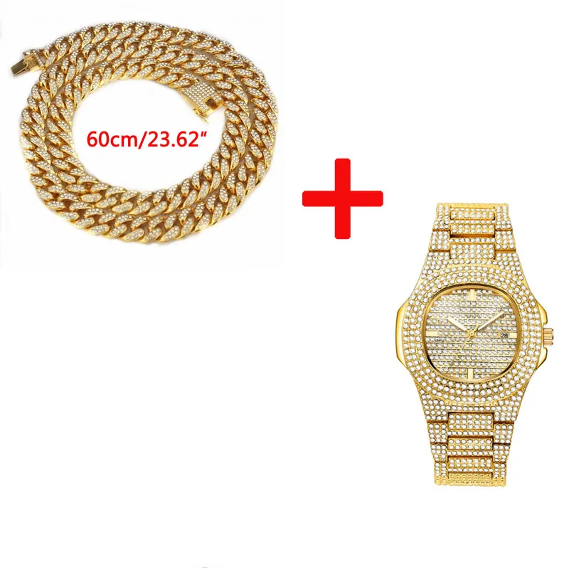 Дропшиппинг мужские s часы лучший бренд класса люкс Iced Out часы с бриллиантами для мужчин нержавеющая сталь Бизнес наручные часы Человек хип-хоп - Цвет: necklace watch gold